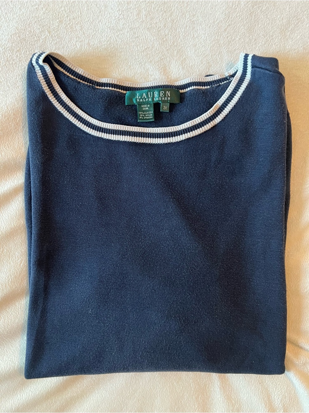Ralph Lauren Women’s Navy Crewneck Fine Knit Short-Sleeve with White Trim